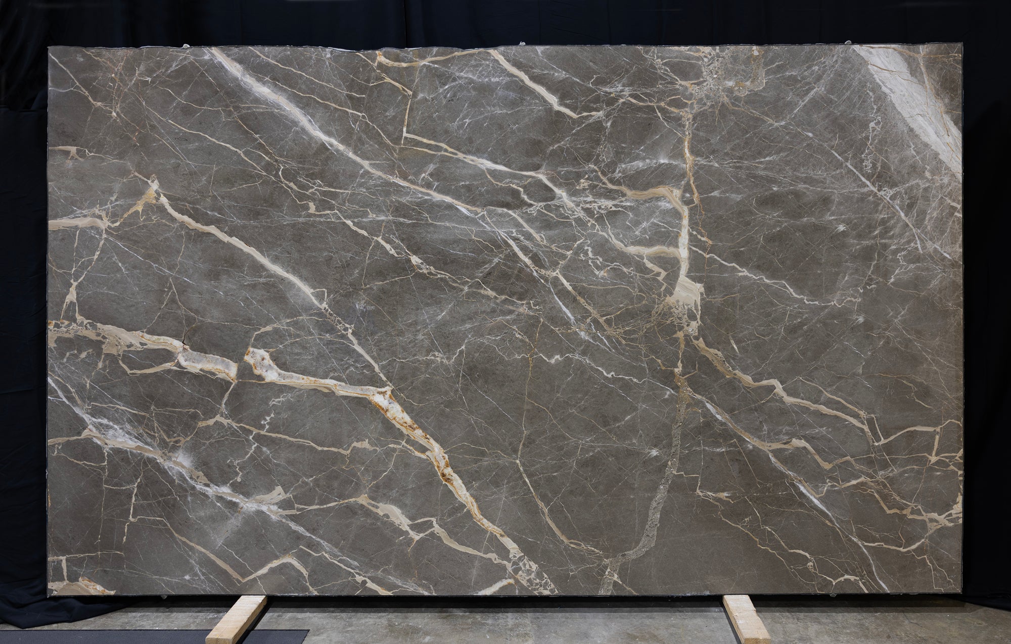 Marble slab with gray and beige veining on a dark background
